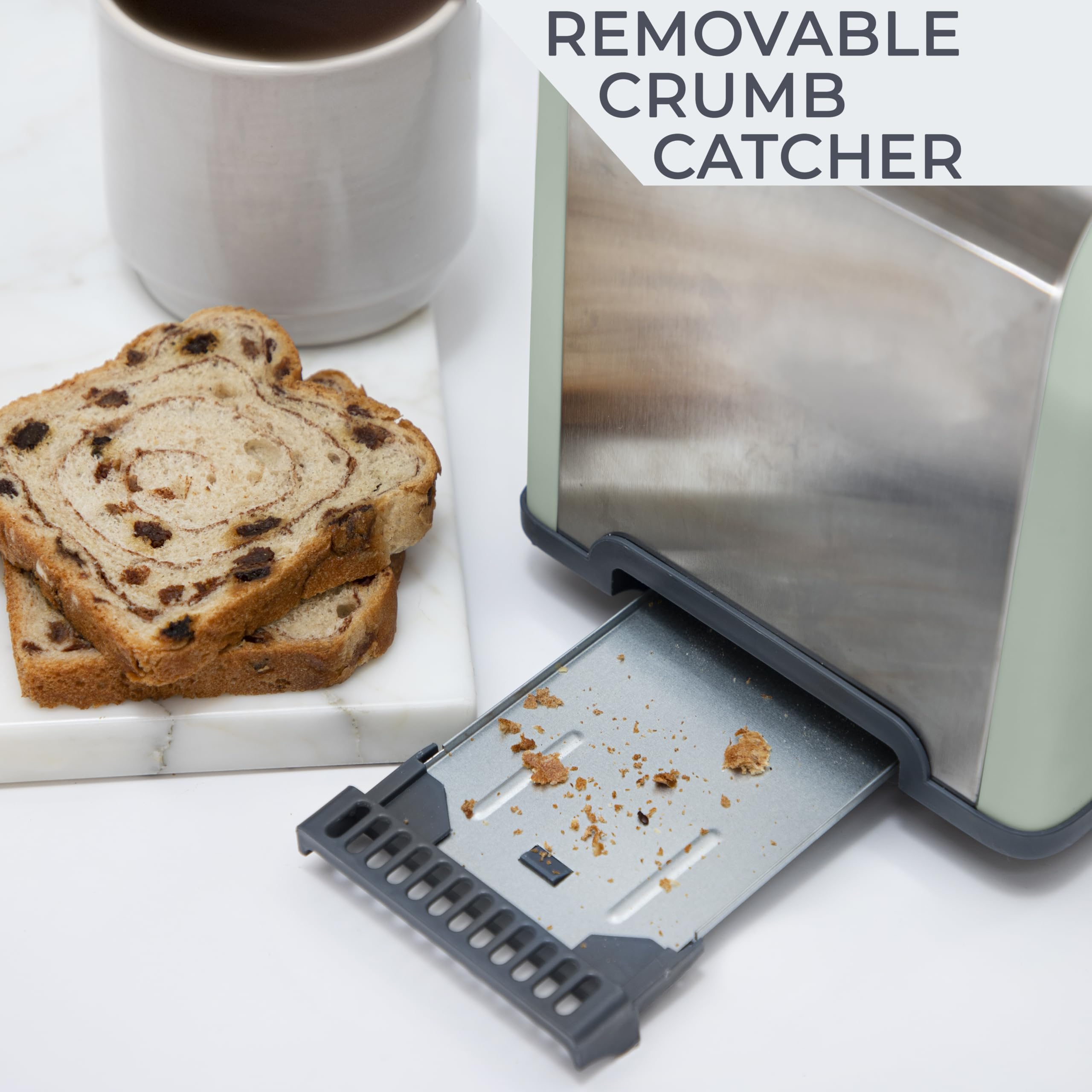 Rae Dunn Toaster, Stainless Steel 2 Slice Square Toaster, Wide Slot with 5 Browning Levels, with Bagel, Defrost and Cancel Options (Sage)