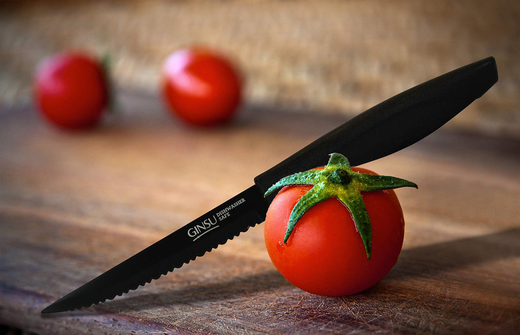 GINSU Daku 6-Piece Steak Kitchen Knife Set - Dishwasher Safe and Always Sharp, Perfect for Any Steak Lover – Practical Table Knives - Black