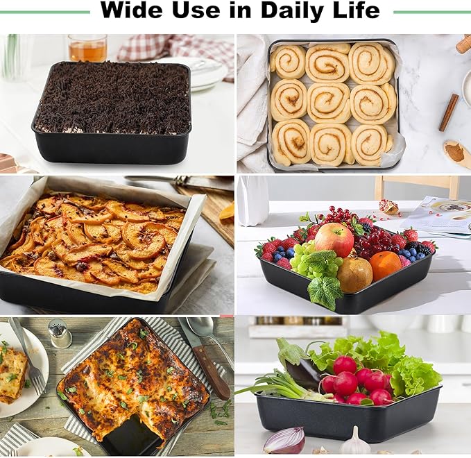 TeamFar Square Baking Pan, 8 inch Coated Square Cake Brownie Lasagna Pan with Stainless Steel Core & Non Stick Coating, for Baking Roasting Serving, Non-Toxic & Oven Safe, One Piece Design & Deep Wall