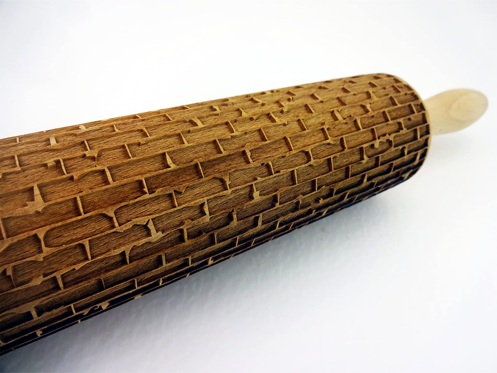 BRICKS Embossing Rolling Pin. Laser Engraved Dough Roller with Wall Pattern for Embossed Cookies or Pottery by Algis Crafts