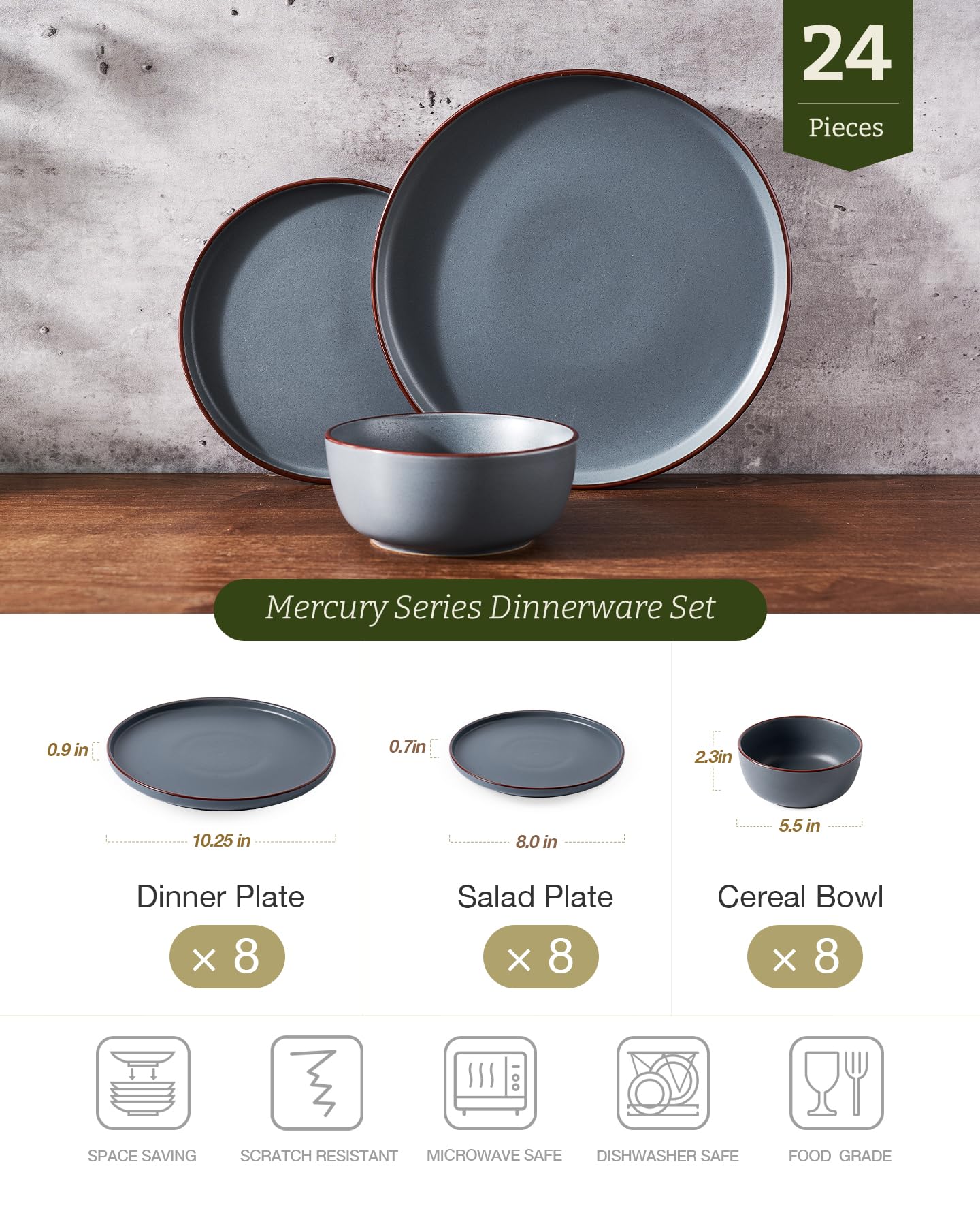 Famiware Mercury 24-Piece Stoneware Dinnerware Set, Charcoal