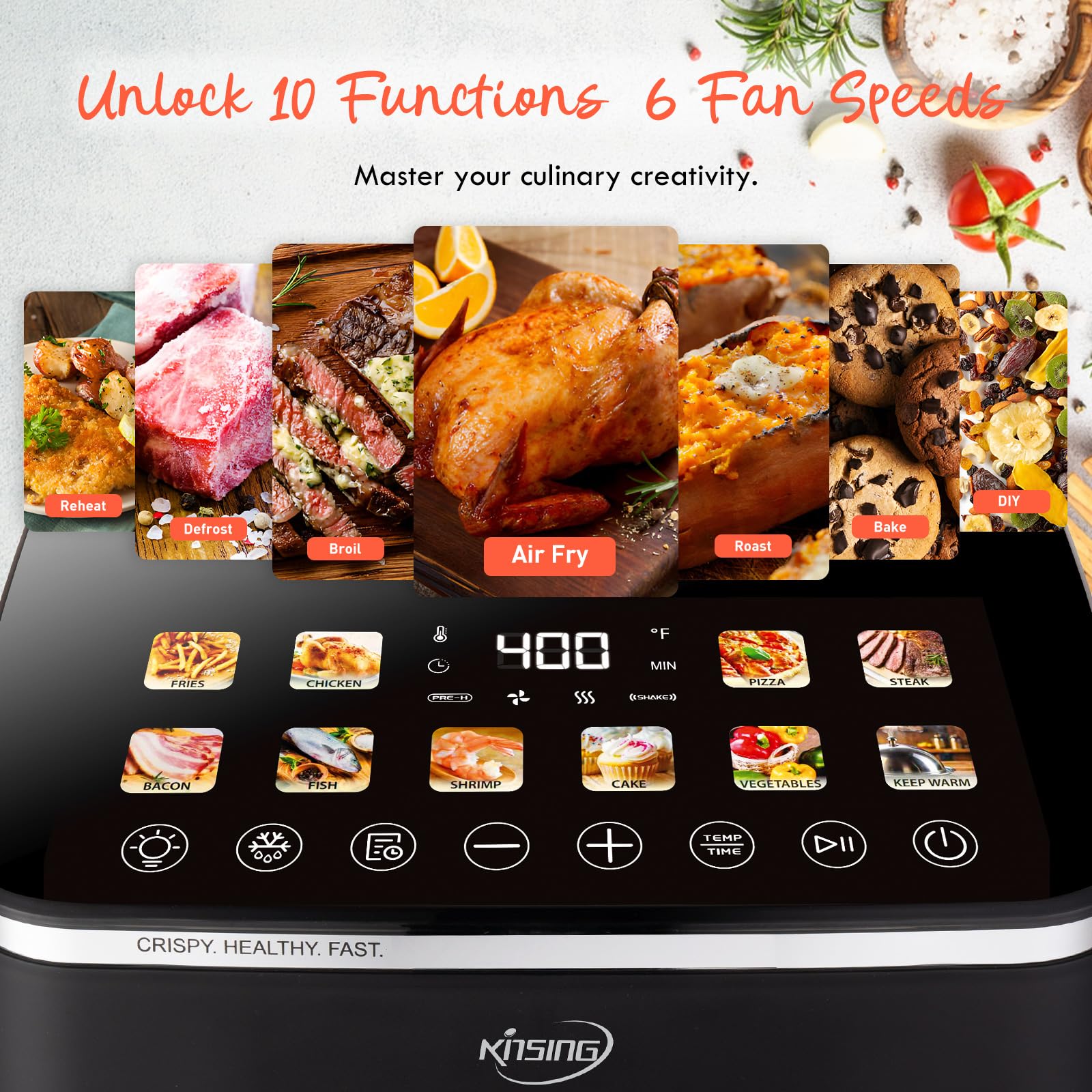 KINSING 10.6 QT Oilless XL Large Air Fryer, 9 Presets & Keep Warm, Stainless Steel Inner Cavity, 400℉ Precise Temp Control, Shake Reminder, Square Non-Stick&Dishwasher Safe Basket,With Visible Window