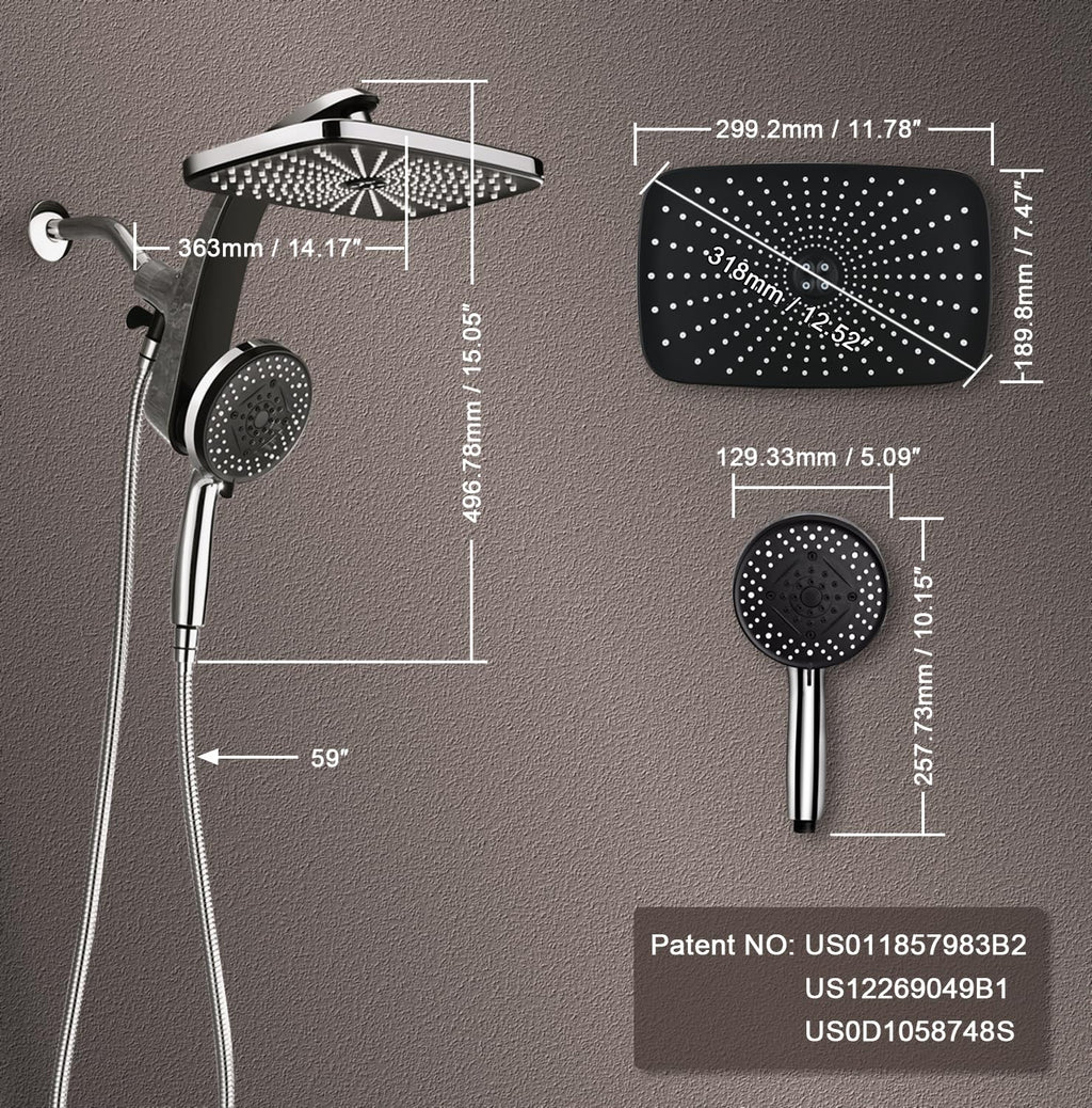 12" High Pressue Rain Shower Head with Handheld, 9 Sprays Hand Showerhead