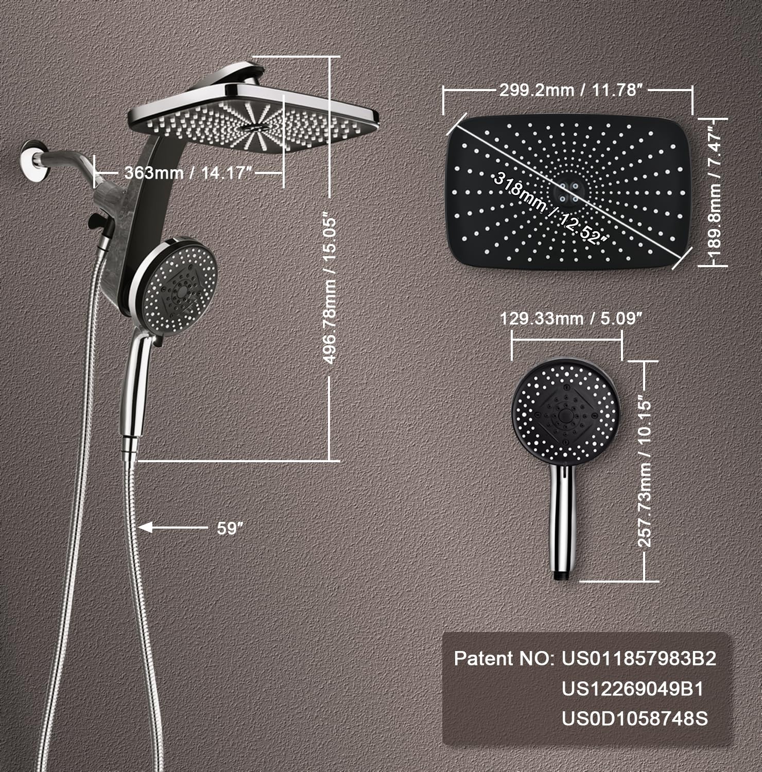 12" High Pressue Rain Shower Head with Handheld, 9 Sprays Hand Showerhead