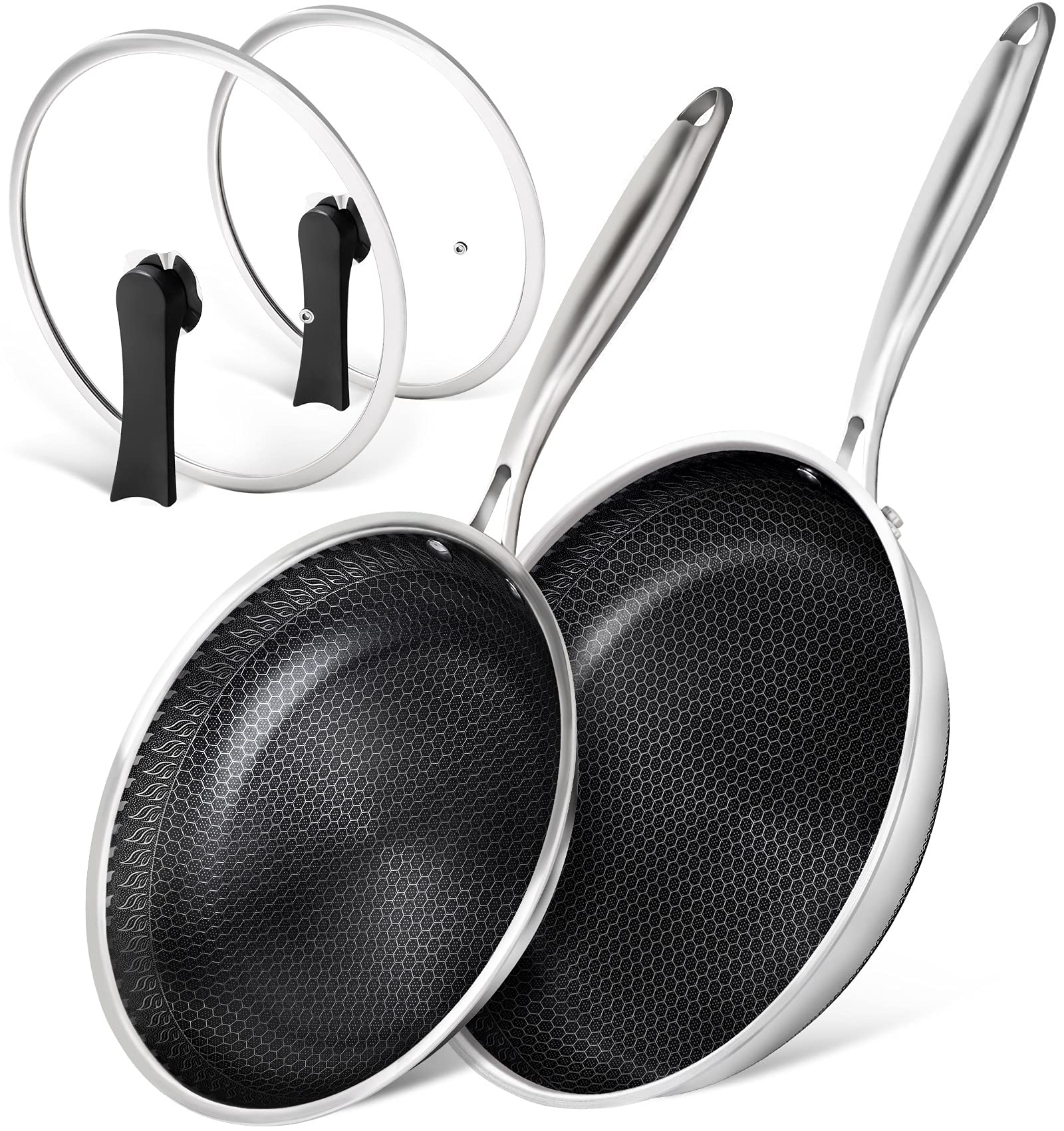 MICHELANGELO Stainless Steel Frying Pan Set with Lids, 9.5 & 11 Inch Frying Pans Nonstick, Stainless Steel Fry Pan Set, Honeycomb Pans for Cooking, Skillet with Lid - Induction Compatible