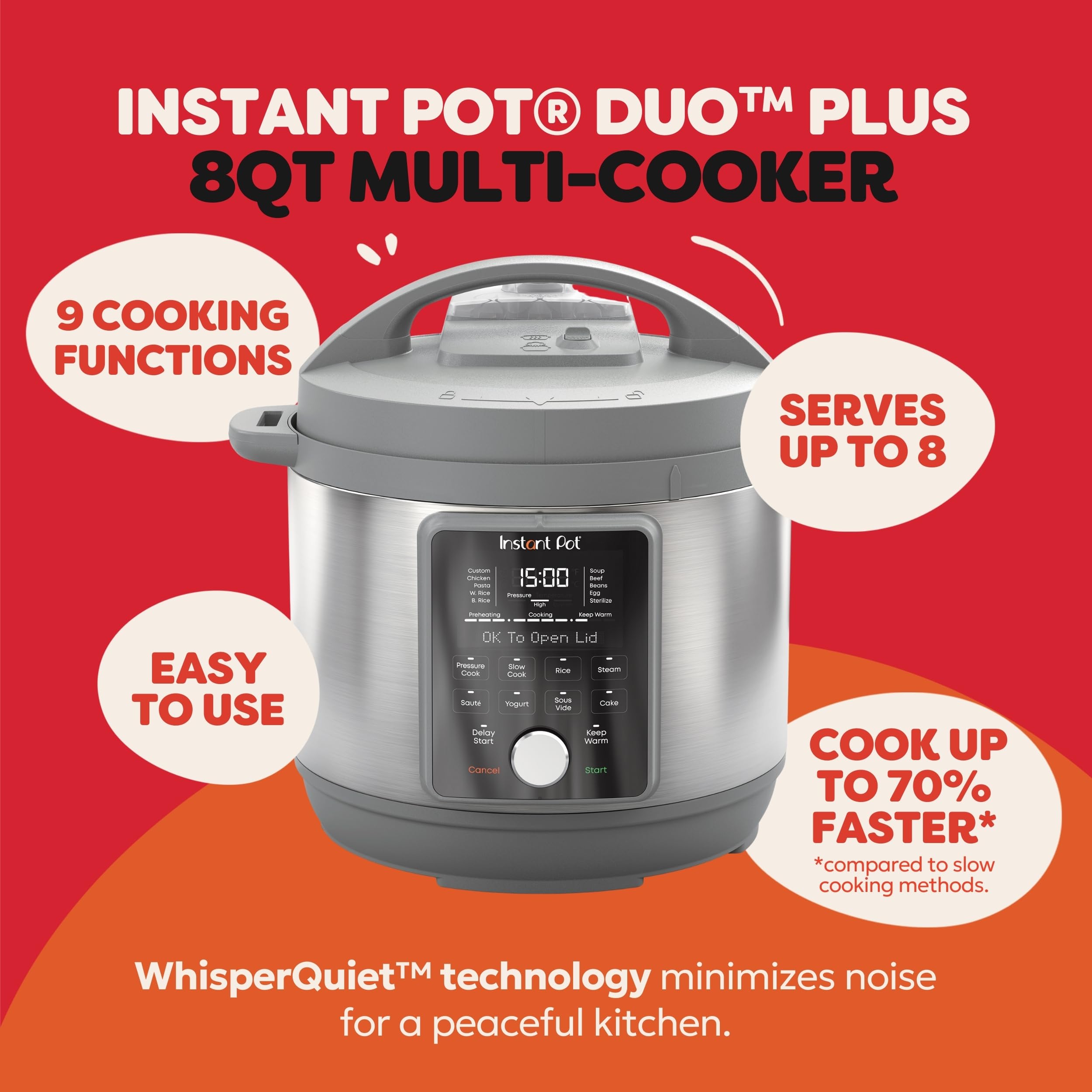 Instant Pot, 8-Quart Whisper Quiet 9-in-1 Electric Pressure Cooker, Slow Rice Cooker, Steamer, Sauté, Yogurt Maker, Warmer & Sterilizer, App With Over 800 Recipes, Stainless Steel, Duo Plus