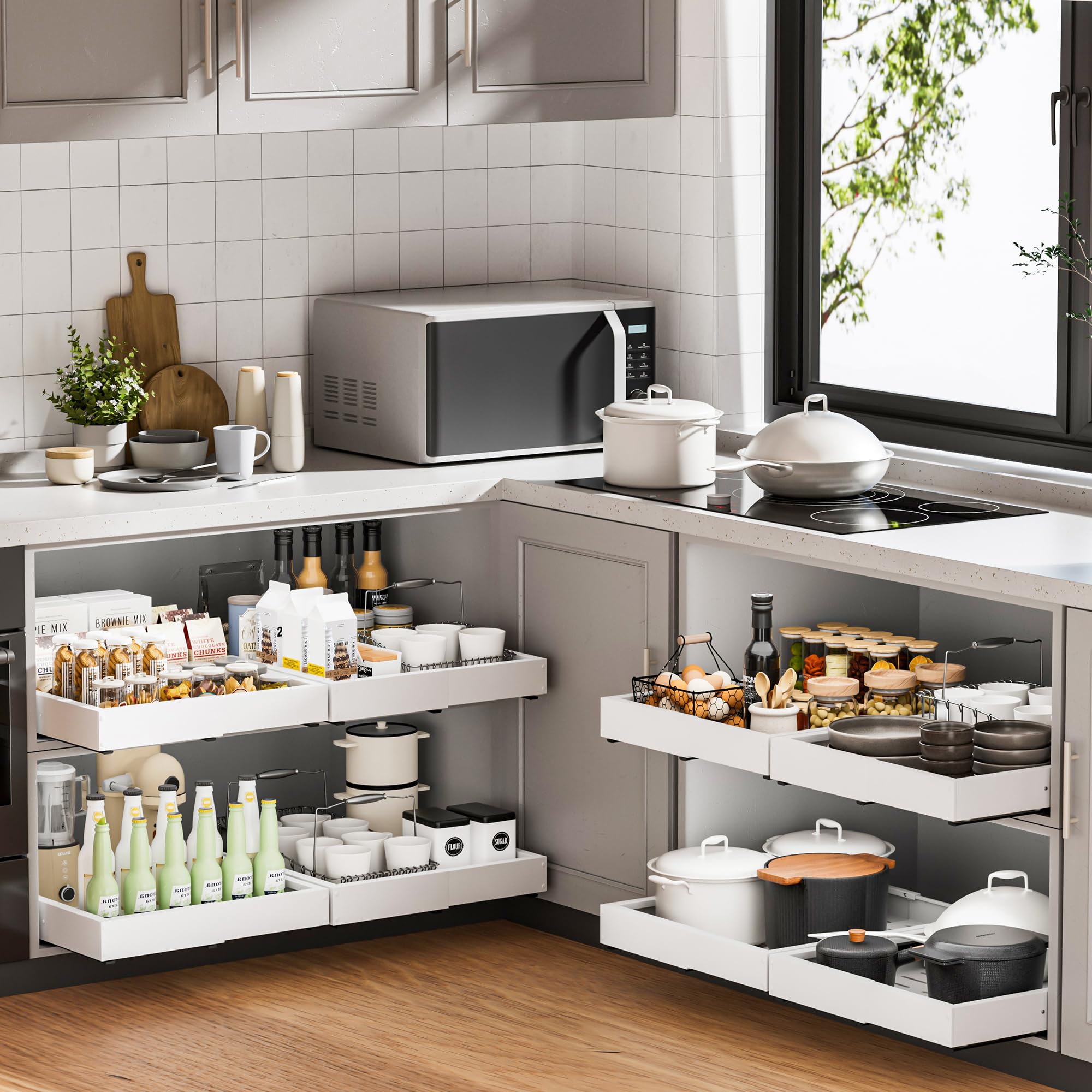 Makfoner 1 Pcs Pull Out Cabinet Organizers, Width (12"-19") and Depth (17"-23") Expandable With 3 Slides, No Drill Slide out Drawers Adhesive Film or Nail Cabinets Without Lip in Kitchen, Bathroom