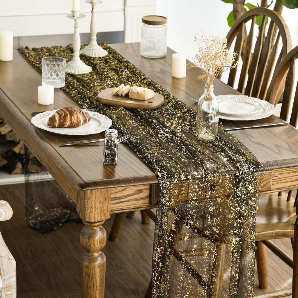 Artoid Mode Black Gold Gauze Table Runner 120 Inch 10FT, Glitter Metallic Foil Sheer Dining Wedding Anniversary Holiday Birthday Table Decor for Home Party