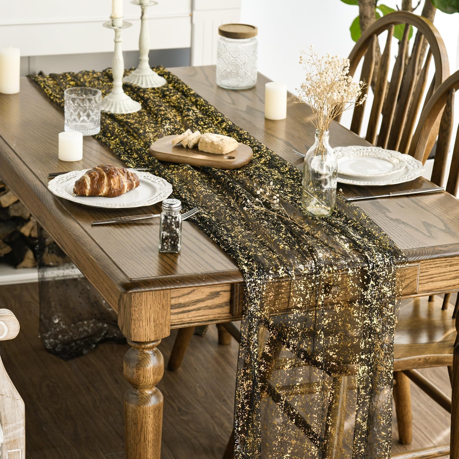 Artoid Mode Black Gold Gauze Table Runner 120 Inch 10FT, Glitter Metallic Foil Sheer Dining Wedding Anniversary Holiday Birthday Table Decor for Home Party