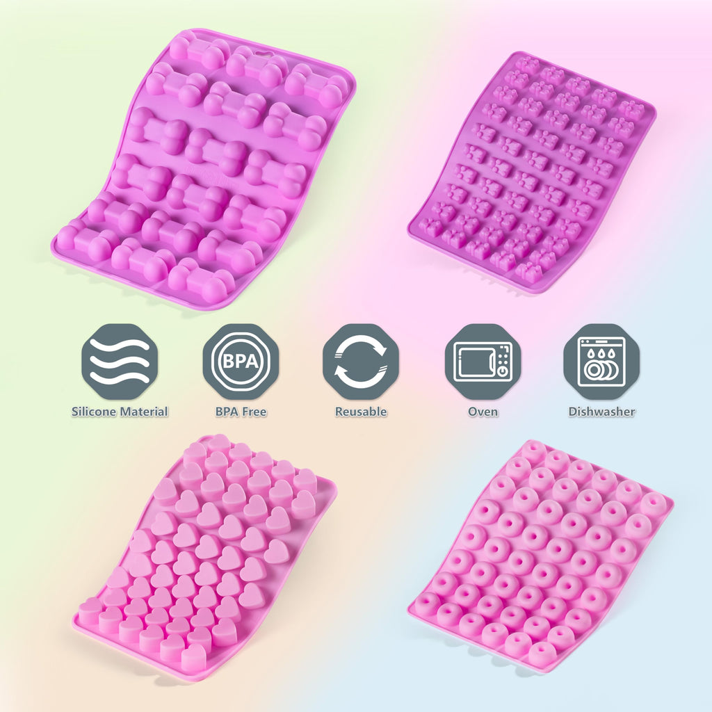 Gummy Candy Molds, 4 Pcs Silicone Chocolate Molds with 4 Droppers, Non-stick Candy Molds for Caramels, Ganache, Ice Cubes, Bone Bear Donut Heart Shape Included