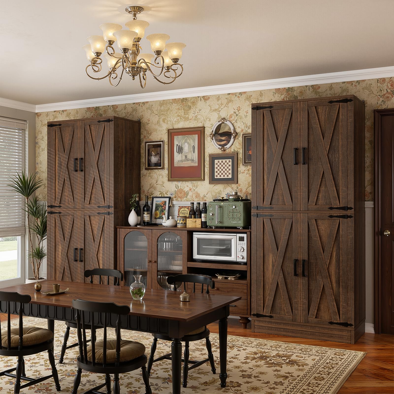 Unikito 71" Tall Kitchen Pantry Cabinet with Farmhouse Barn Doors and Storage Drawer, 8 Adjustable Shelves, Freestanding Cupboard for Dining Room, Living Room, Utility Room, Weathered Brown 2 Pack