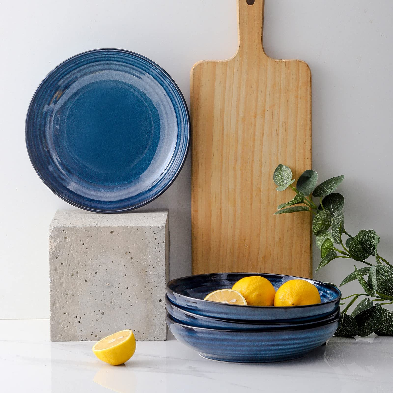 HASENSE Pasta Bowls Set of 2, 8.7 Inch Reactive Glazed Ceramic Salad Serving Bowls for Kitchen, 32 Ounce Shallow Bowls for Pasta Soup Salad Dinner, Microwave Dishwasher Safe, Navy Blue