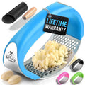 Zulay Kitchen Stainless Steel Garlic Press Rocker Set - Premium Garlic Mincer Garlic Crusher - New Innovative Garlic Crusher with Peeler and Scraper - Comfortable Grip (Blue)