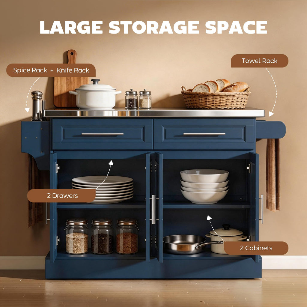 HOMCOM Rolling Kitchen Island Cart with 47" Stainless Steel Top Navy Blue