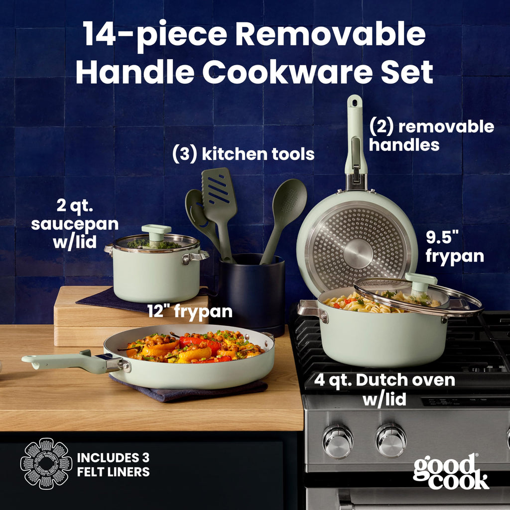 GoodCook Ceramic Cookware Set 14-Piece with Removable Handles, Nonstick Pots & Pans, Induction & Oven Safe, Sage Green