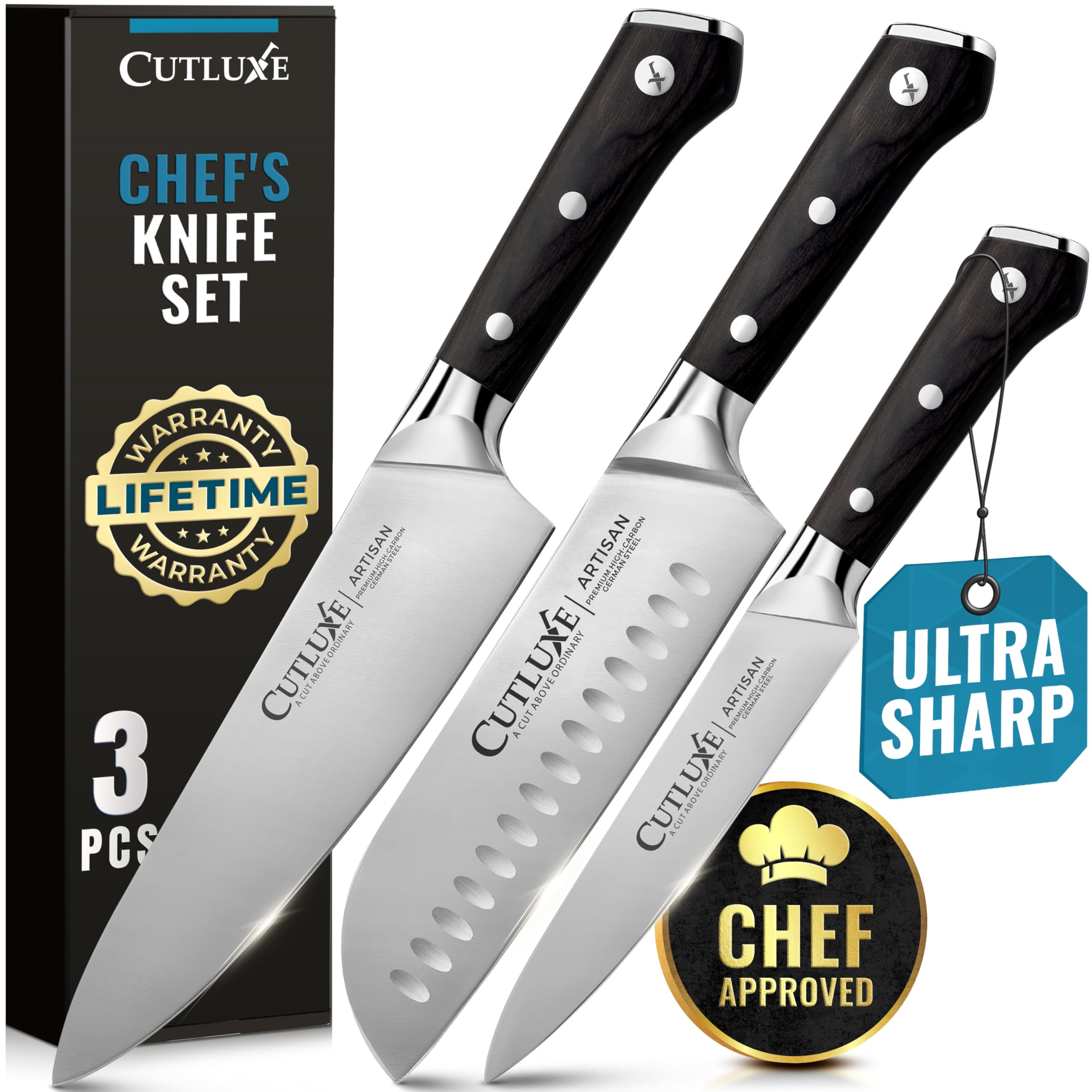 Cutluxe Chef Knife Set, 3-Piece Kitchen Knives – Razor Sharp German Steel
