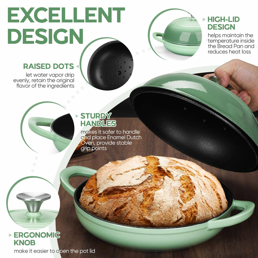 E-far Dutch Oven for Sourdough Bread Baking, 6 Qt Round Enameled Cast Iron Dutch Oven for Homemade Artisan Bread, Dome Lid & Shallow Base, Matte Black Interior & Durable, Oven-Safe to 500℉, Green