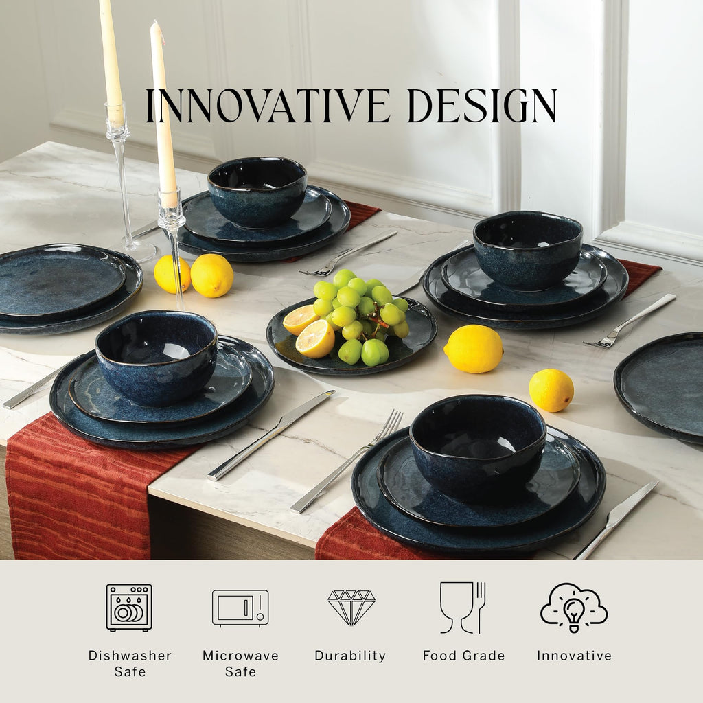Stone Lain Mirella 24-Piece Stoneware Dinnerware Set, Service for 8 – Reactive Glaze, Deep Blue – Includes Dinner Plates, Salad Plates, and Bowls – Modern Organic Design