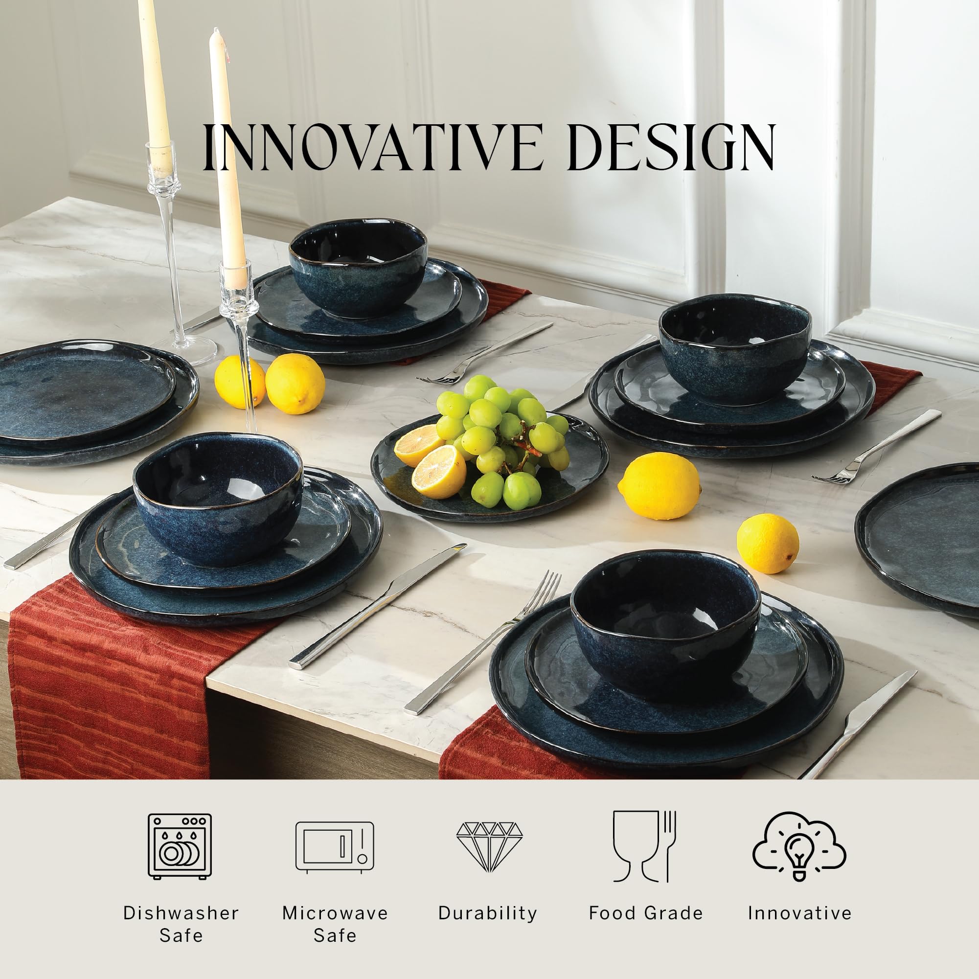 Stone Lain Mirella 24-Piece Stoneware Dinnerware Set, Service for 8 – Reactive Glaze, Deep Blue – Includes Dinner Plates, Salad Plates, and Bowls – Modern Organic Design