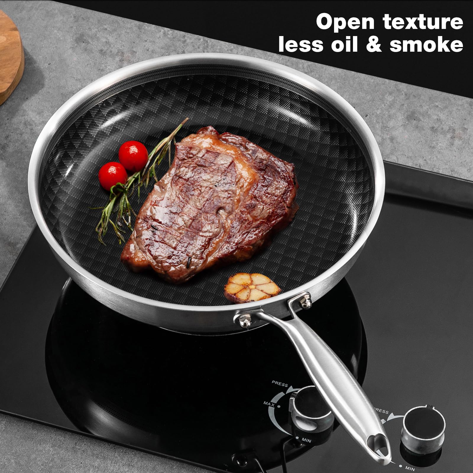 MOUTIUS 8-10 Inch Non Stick Frying Pans, Ceramic Coating NonStick Stainless Steel Pan Set, Tri-Ply Skillets and Pan Set with Lid, Cool-Touch Handle, Dishwasher and Oven Safe