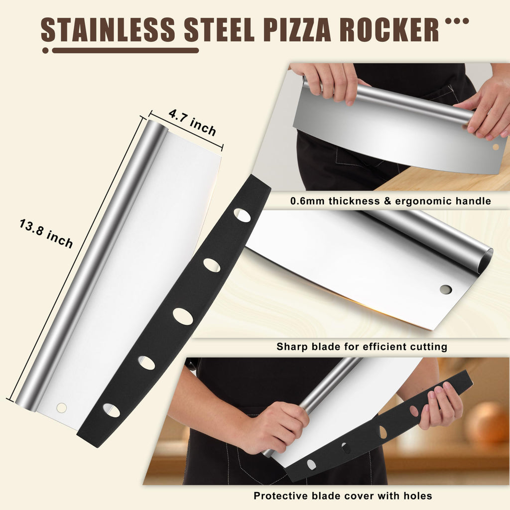HaSteeL Aluminum Pizza Peel Spatula Set, 12 Inch Pizza Paddle Shovel, 14 Inch Metal Pizza Cutter Rocker, Pizza Oven Accessories Tools for Cooking Baking Turning Cutting, Long Detachable Handle