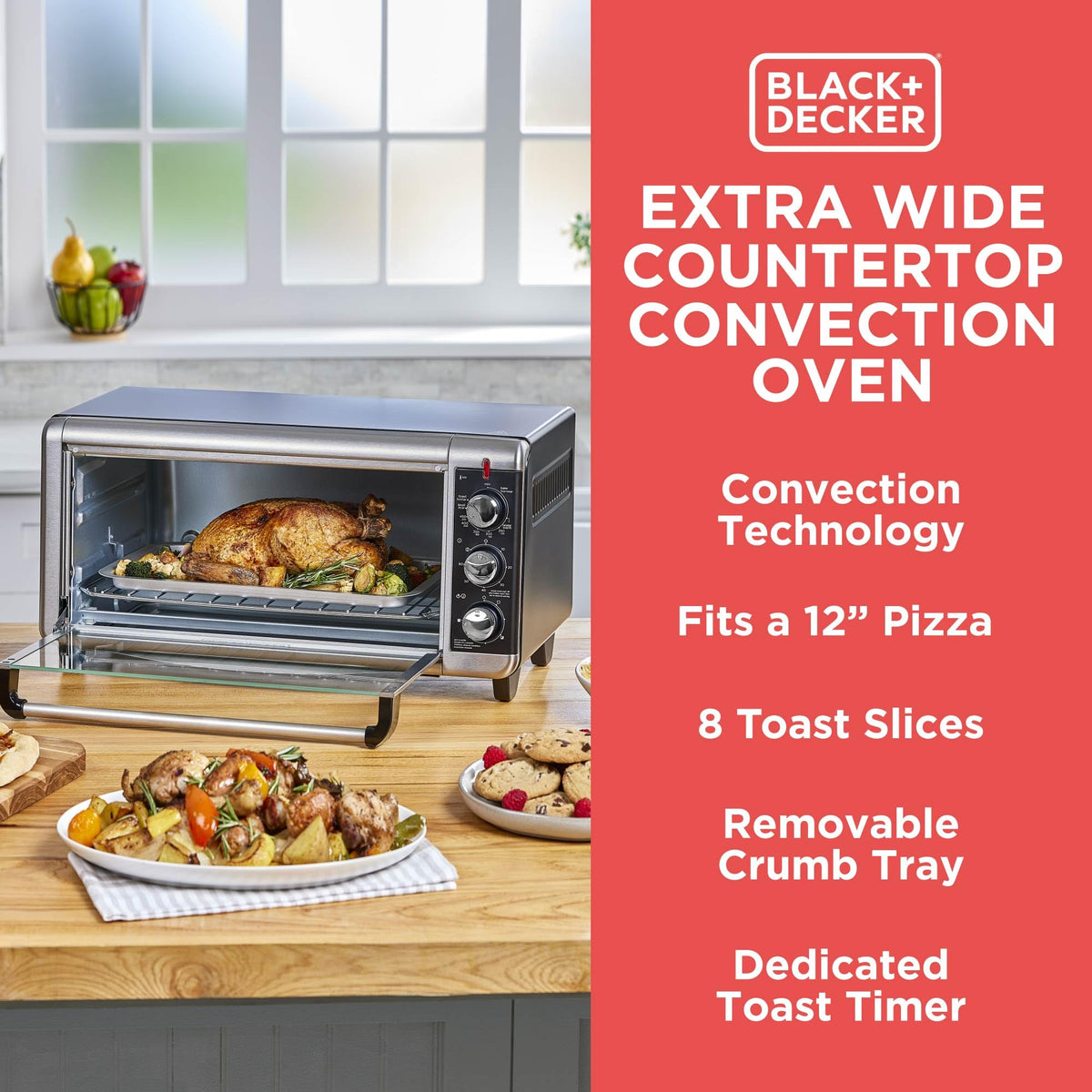 BLACK+DECKER TO3250XSBD 8-Slice Extra Wide Convection Countertop Toaster Oven, Includes Bake Pan, Broil Rack & Toasting Rack, Stainless Steel/Black