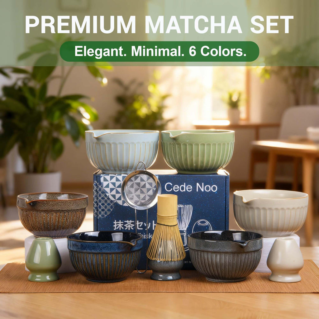 7pcs Matcha Whisk Set with 18oz Spout Bowl, Japanese Tea Ceremony Kit, Natural Bamboo Whisk Scoop, Ceramic Holder Sifter Towel, Best Gift for Beginners and Matcha Lovers