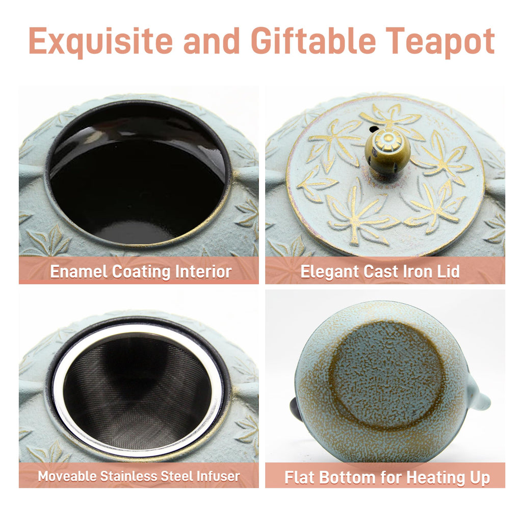 SECHUDO Cast Iron Teapot Tea Kettle with Stainless Steel Infuser for Stovetop Safe Coated with Enameled Interior Japanese Tetsubin with Maple Leaves Pattern(30.4oz/900ml) (Color-5)