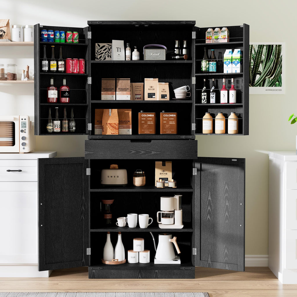 GRUSIGN 72" Tall Storage Cabinet, Kitchen Pantry Cabinet with Adjustable Shelves & Sturdy Steel Frame, Farmhouse Pantry Storage with 4 Barn Doors for Kitchen, Dining Room, and Living Room, Black