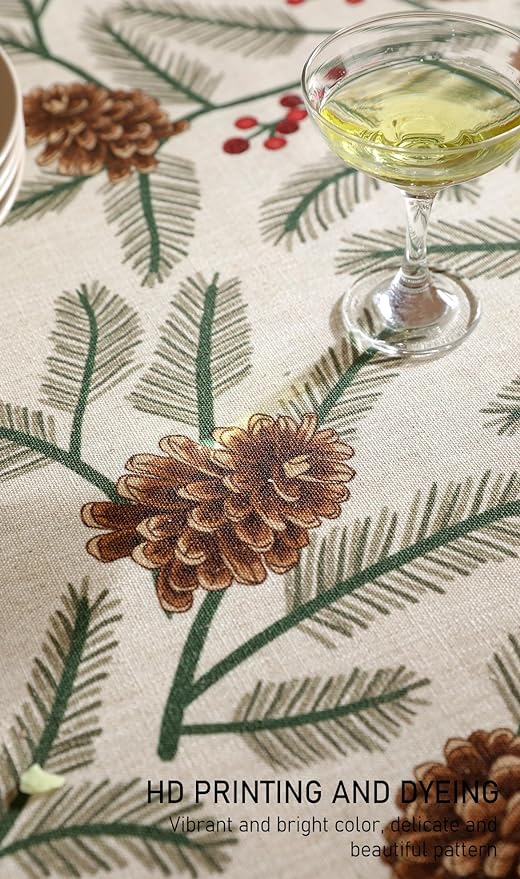 ISAENNE Designer Christmas Beige Linen Rectangular Tablecloth,Pinecones Pattern Indoor Tablecloths,Washable Decor Table Cloth for Dining Thanksgiving Kitchen Christmas,55"*87"-Carol B