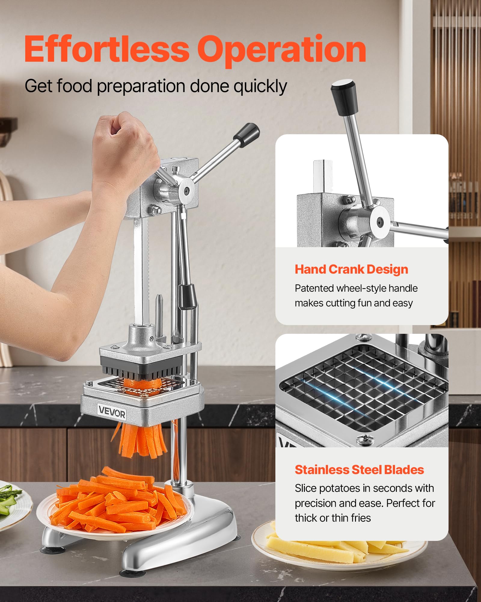 VEVOR Commercial French Fry Cutter, Stainless Steel Vegetable Fruit Chopper with 3 Replacement Blades 1/2-Inch 3/8-Inch 1/4-Inch, Manual Potato Slicer Dicer for Restaurants & Home Kitchen