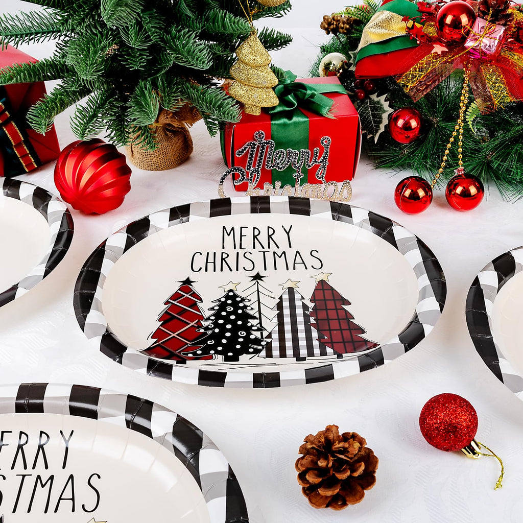 WDF 50Pack Christmas Paper Plates - 10"x12" Christmas Tree Plates Christmas Oval Paper Checkered Plates - Dinner Size Large Disposable Platter Heavy Duty for Happy Christmas Serving