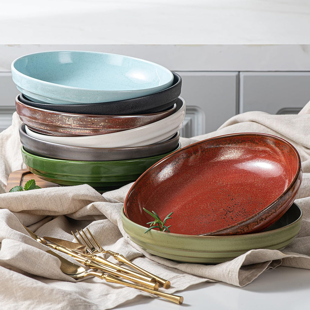 HAPPY KIT Stoneware 9'' Pasta Bowls 42oz Set of 4, Rust Red