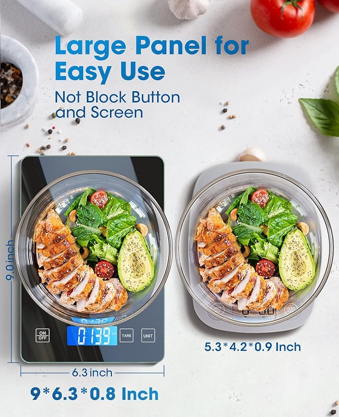 Nicewell Food Scale Digital Weight Grams and oz, 22lb Kitchen Scale for Cooking Baking, 1g/0.1oz Precise Graduation, Sleek Tempered Glass Platform (Black)