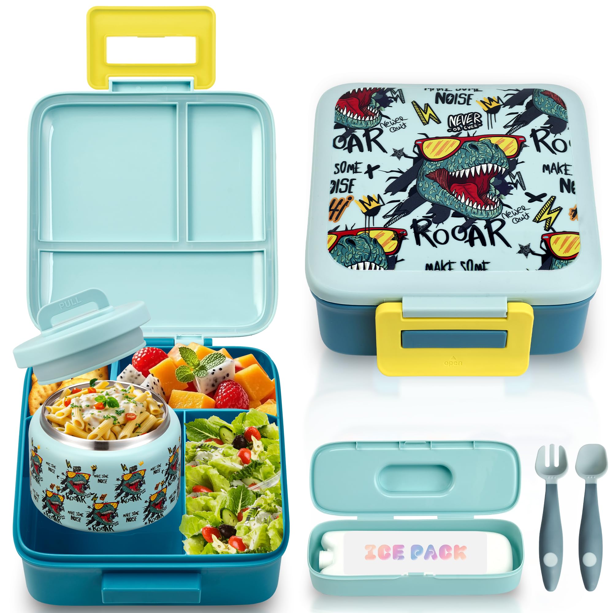 Bento Lunch Box for Kids with 8oz Soup Thermo Leak-Proof Lunch Food Containers with Snack Sauce Container for Kid Girls Boys to School (Screaming Dinosaur)