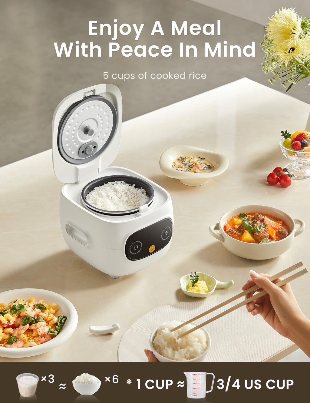 COMFEE' Mini Rice Cooker with 6-Functions, 2-Cups Uncooked Rice