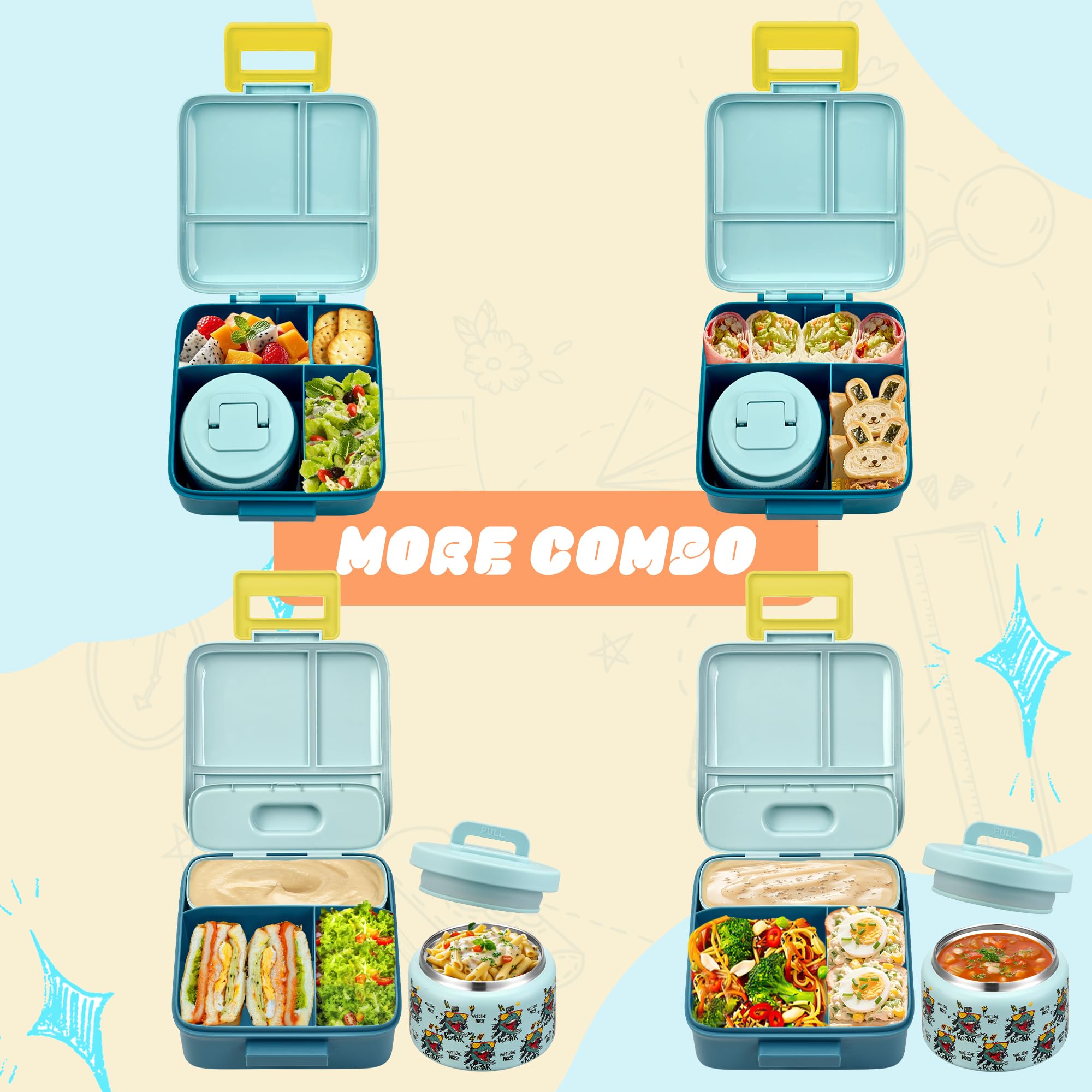 Bento Lunch Box for Kids with 8oz Soup Thermo Leak-Proof Lunch Food Containers with Snack Sauce Container for Kid Girls Boys to School (Screaming Dinosaur)