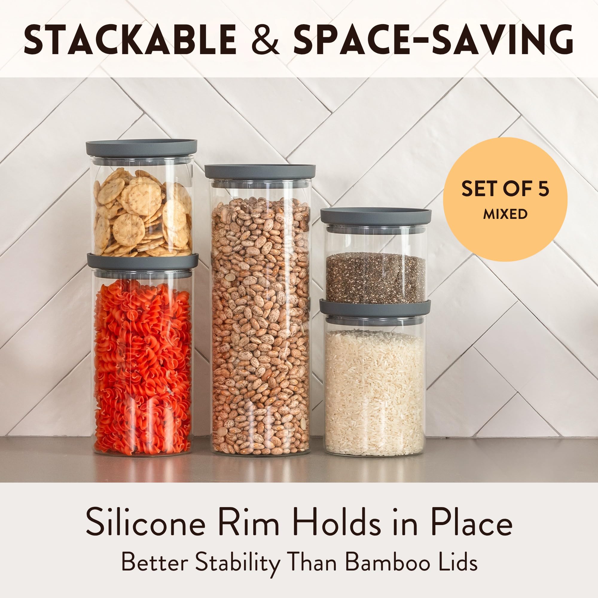 The Hazel Pantry Glass Kitchen Storage Containers with Airtight Silicone Lids, BPA-Free Pantry Glass Jars with Airtight Lid for Pantry Meal Prep, Pasta and Food – Set of 5 with Portion Tool