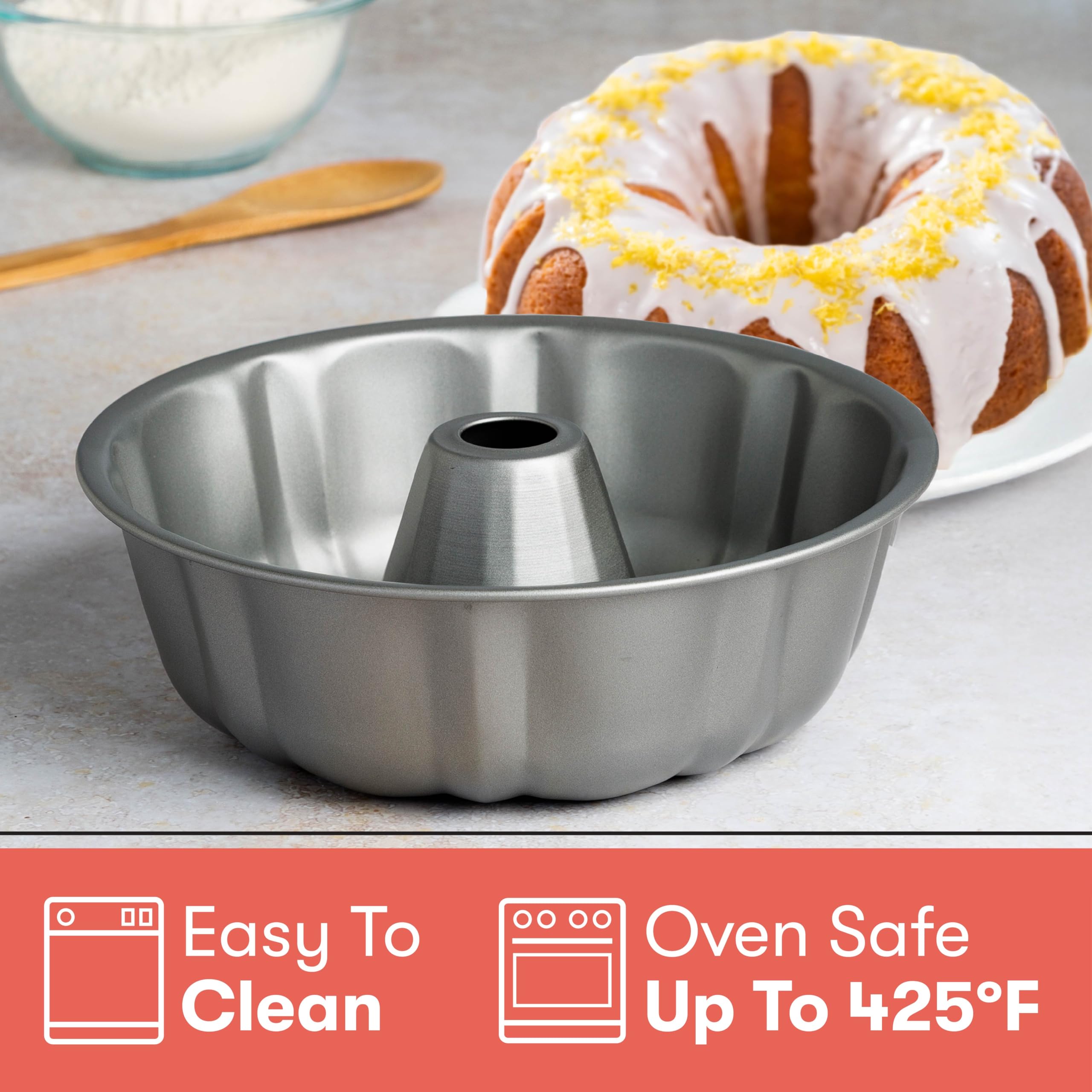 Cooking Light Heavy Duty Nonstick Bakeware Carbon Steel Fluted Tube Pan with Quick Release Coating, Manufactured without PFOA, Dishwasher Safe, Oven Safe, 9-Inch, Gray