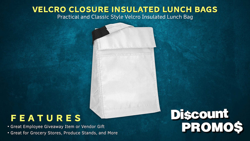 DISCOUNT PROMOS 10 Hook and Loop Insulated Lunch Bags Set - Polyester, Durable, Vibrant, Reusable - White