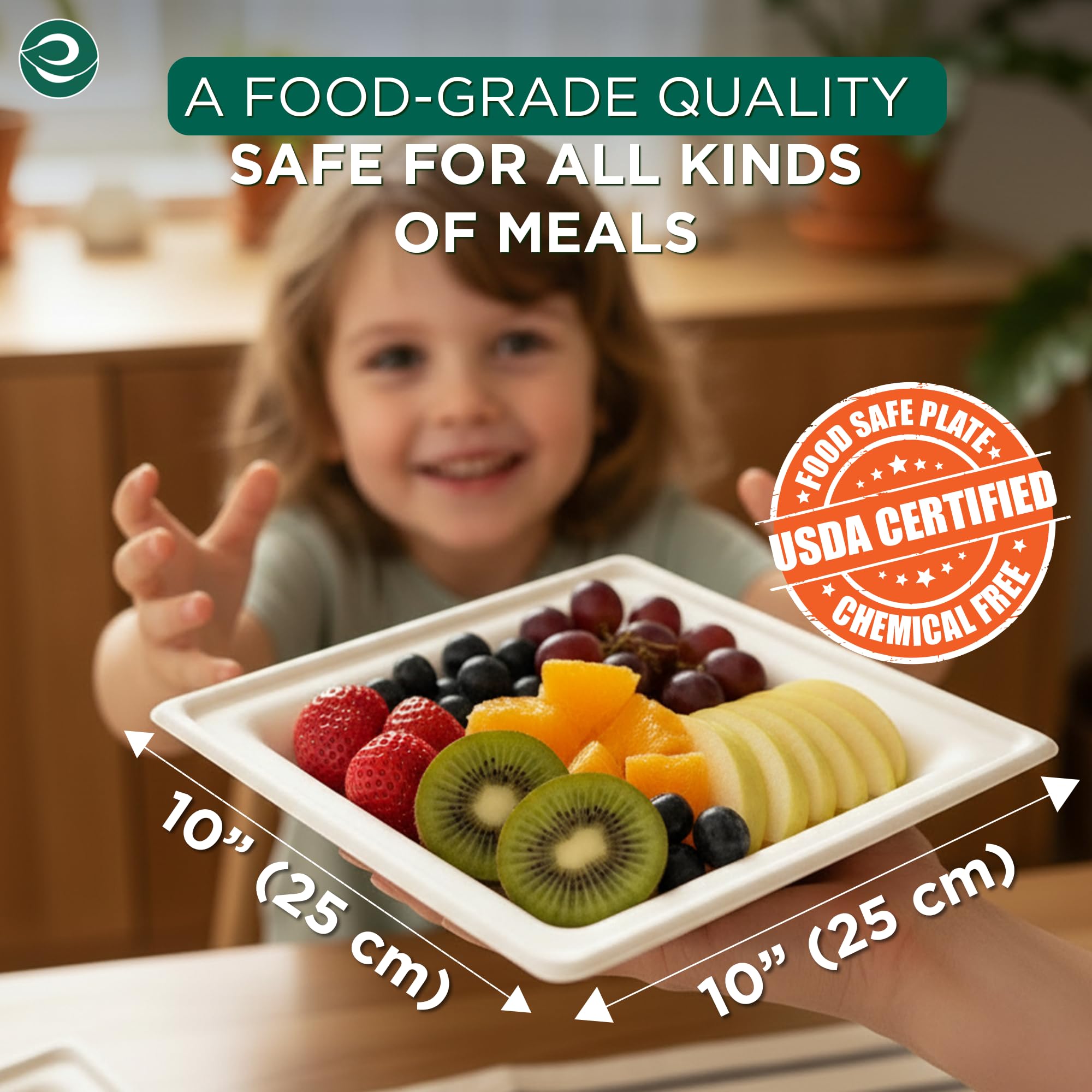 ECO SOUL 10 Inch Disposable Bagasse Paper Plates (100 Pack, Square)