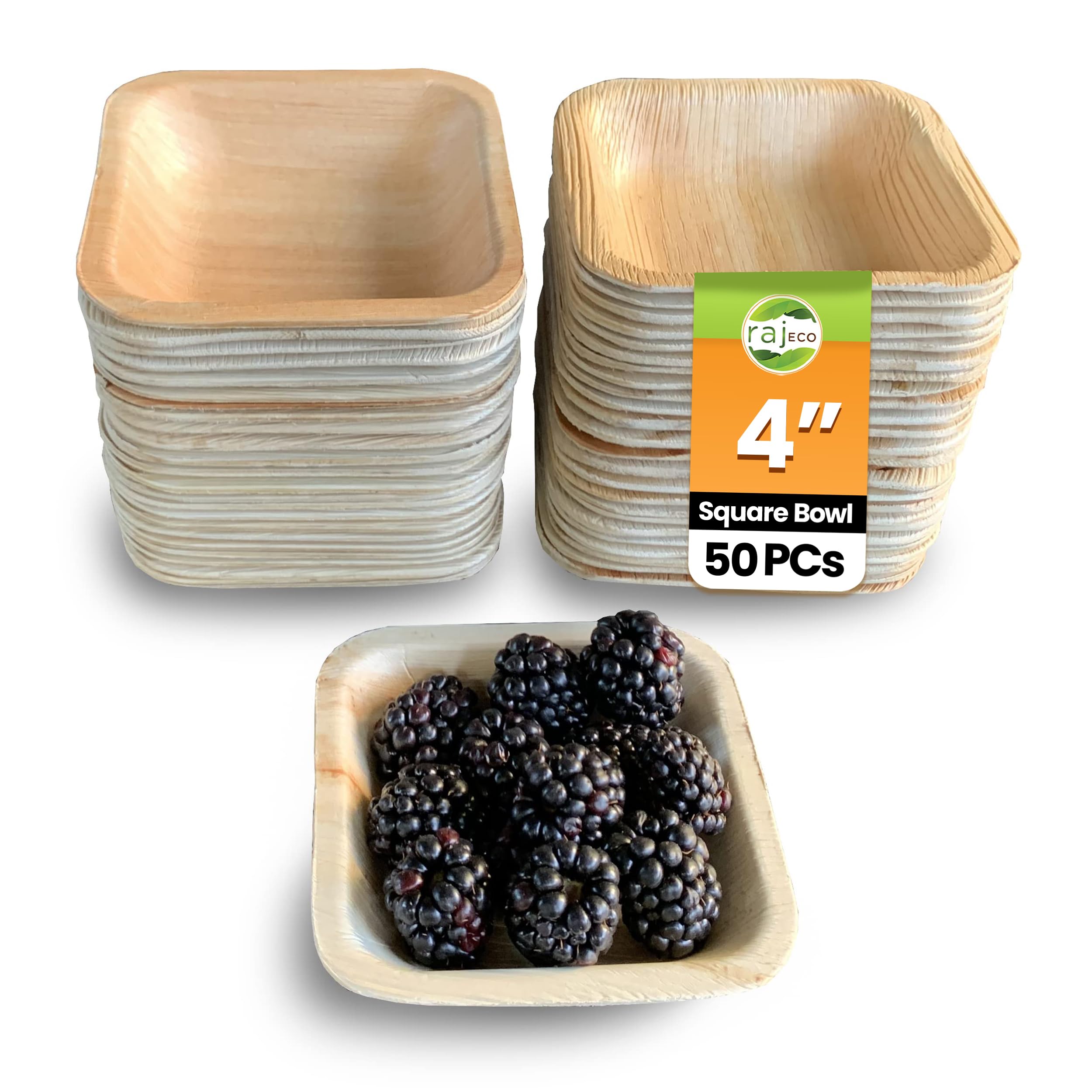 Raj Palm Leaf Disposable Heavy Duty 4" Square Bowls 50 Pack