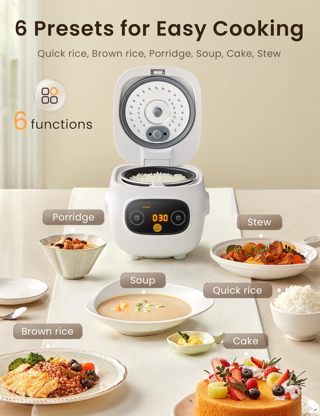 COMFEE' Mini Rice Cooker with 6-Functions, 2-Cups Uncooked Rice