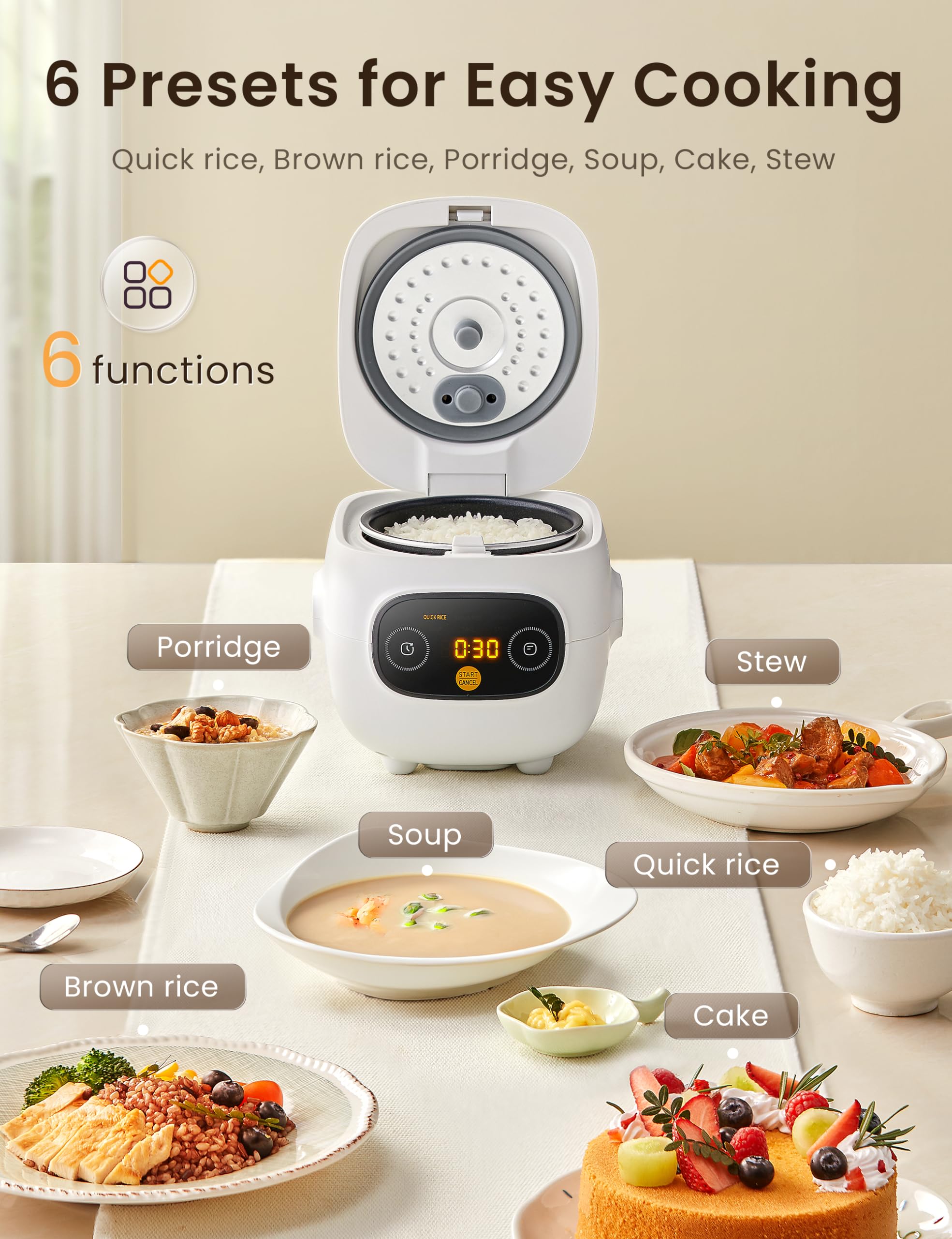 COMFEE' Mini Rice Cooker with 6-Functions, 2-Cups Uncooked Rice