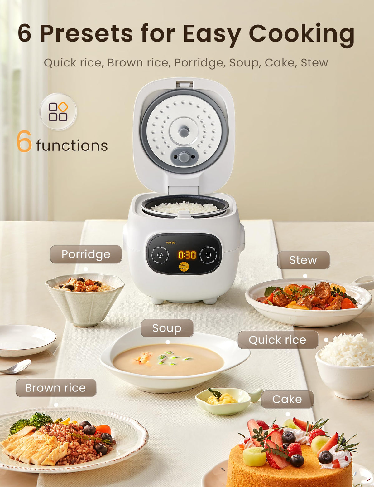 COMFEE' Mini Rice Cooker with 6-Functions, 2-Cups Uncooked Rice