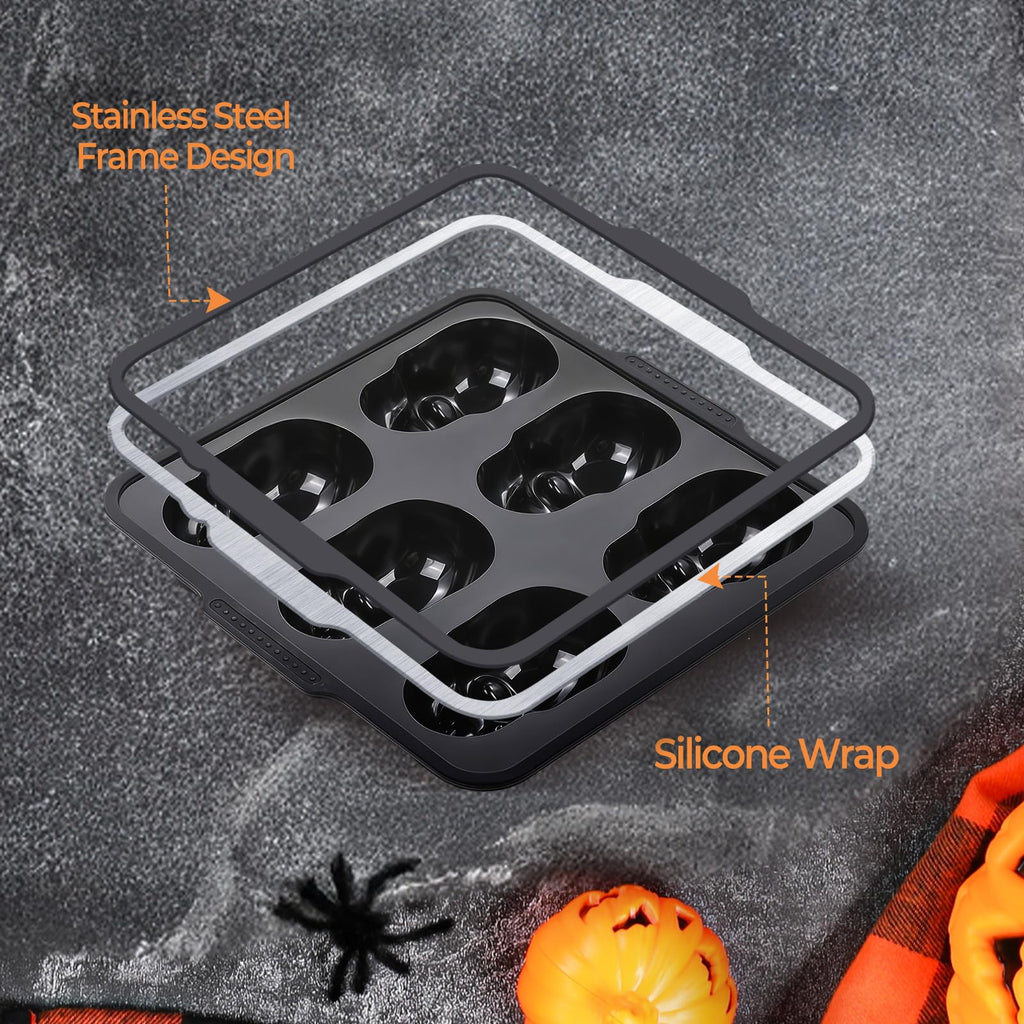 PinAmigos Silicone Skull Cake Pan with Metal Framed - 6 Cavity Skull Baking Pan & Silicone Mold for Halloween Parties & Baking Fun | Food-Safe Non-Stick Ice Cube Tray, Cupcake Maker