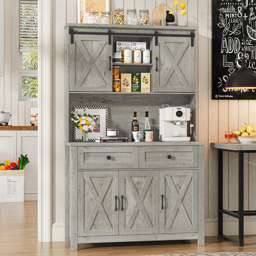 Befrases 67.7 Inch Farmhouse Pantry Storage Cabinet with Sliding Barn Doors, 2 Drawer Farmhouse Coffee Cabinet with Adjustable Shelf, Side Board with Buffet Cupboard Livingroom Kitchen, Grey