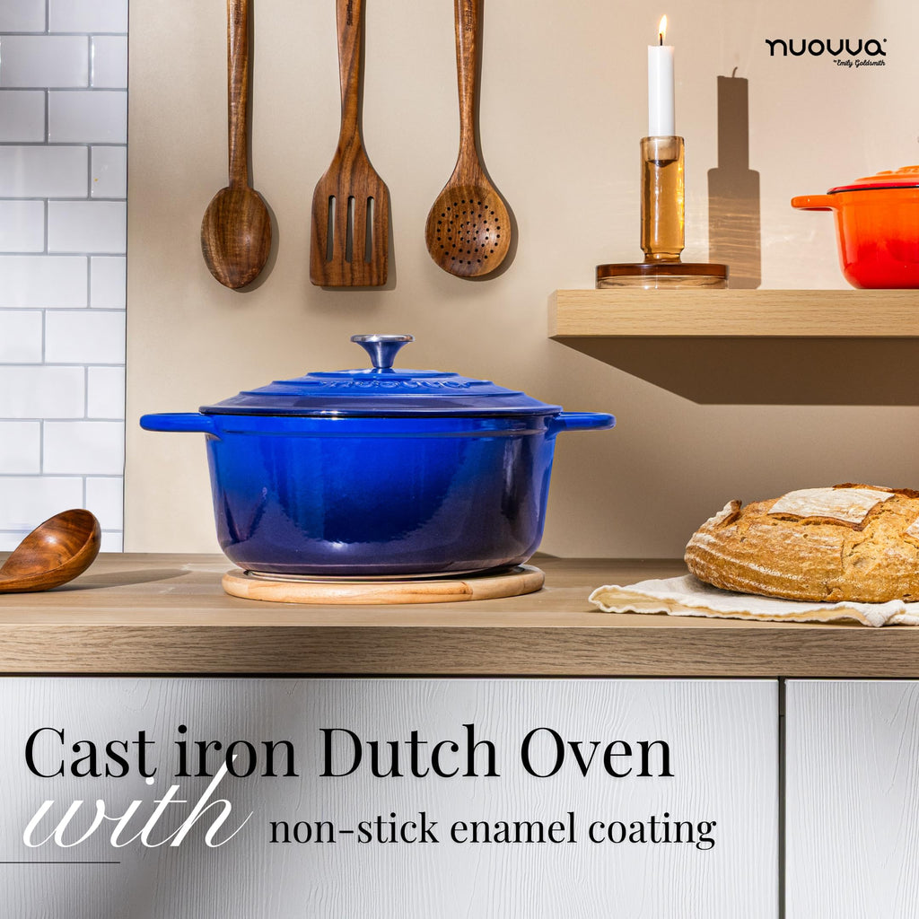 Nuovva Enamelled Cast Iron Dutch Oven Pot with Lid-6.4 Quart Non Stick Casserole Pot-Heavy Duty & Oven Safe up to 500° F for Bread Baking, Braising, Stews, Roasting - 28cm Dark Blue