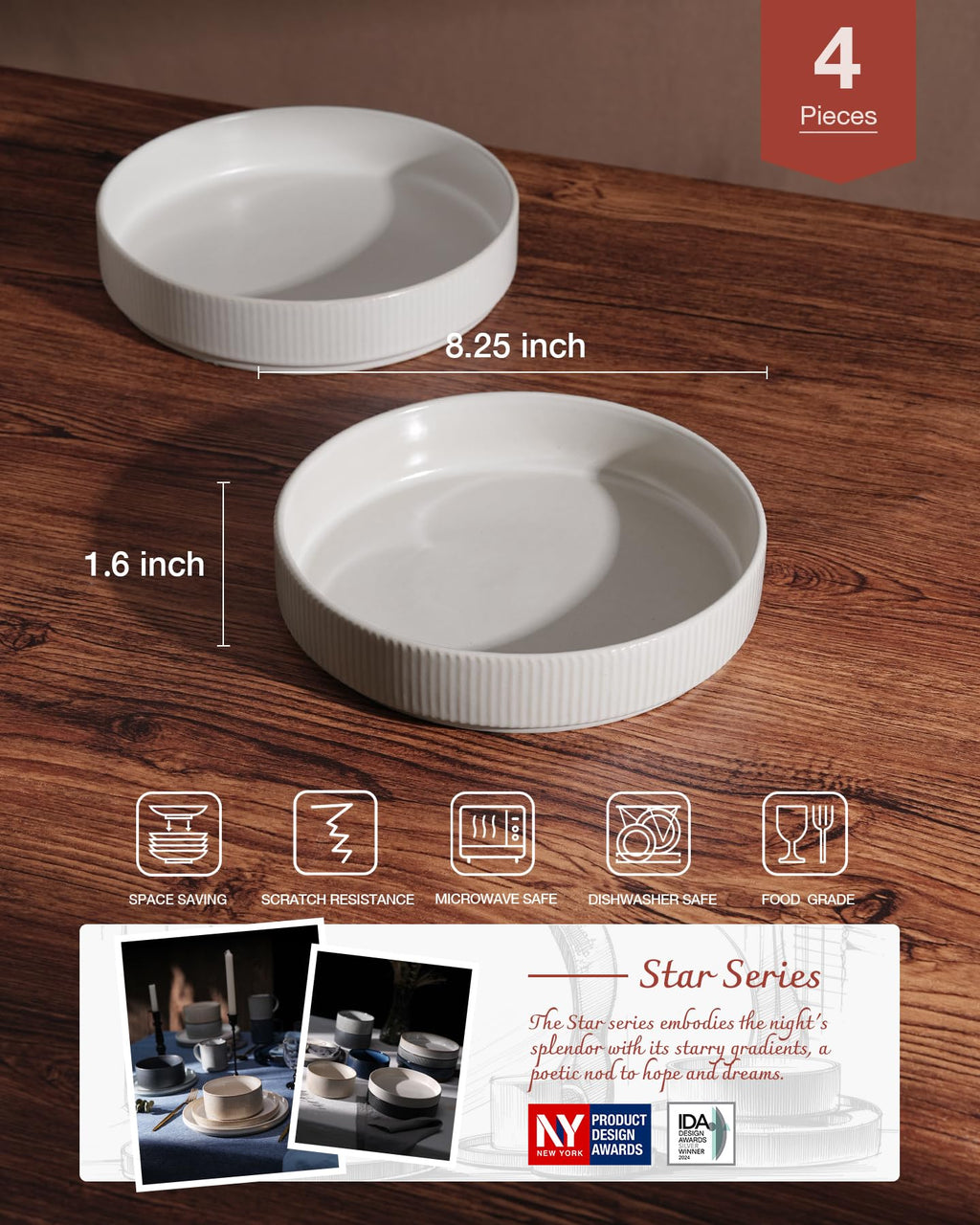 famiware Star 8.25" Pasta Bowls Set of 4, Bowl Plates, Matte White