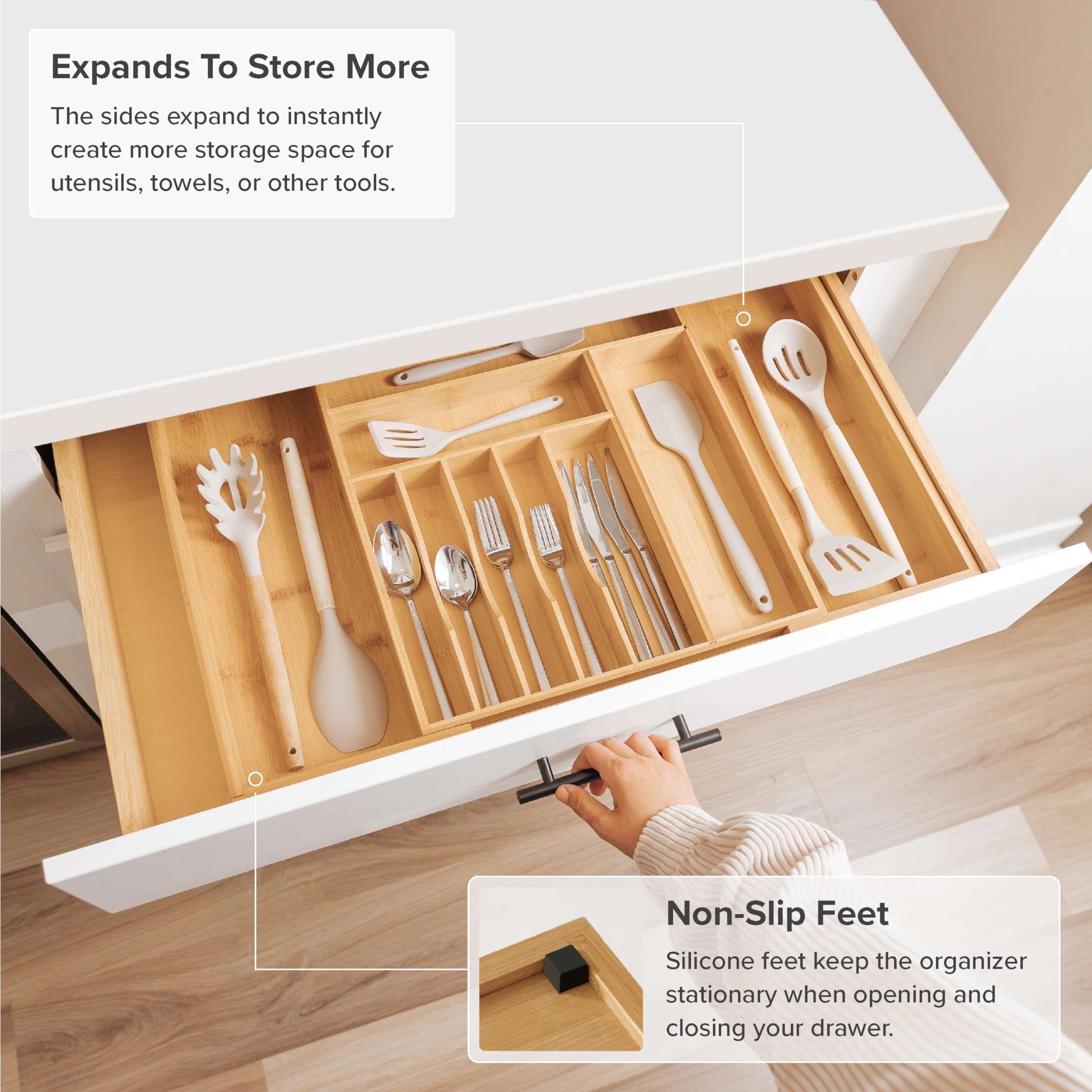 KitchenEdge Silverware & Utensil Drawer Organizer, 16-28 in, Bamboo